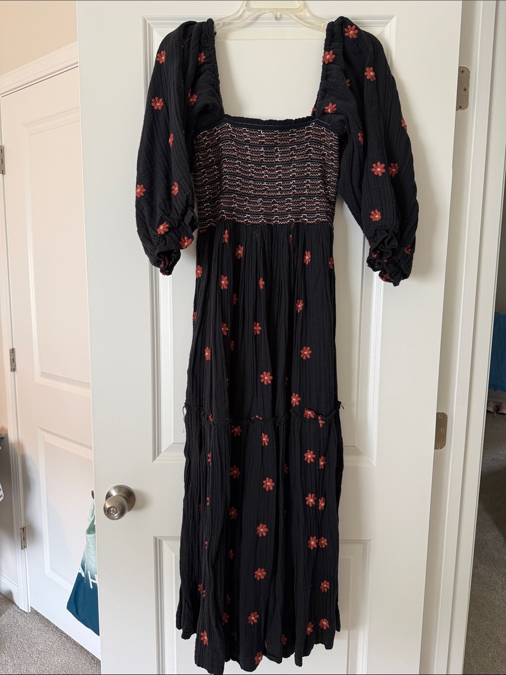 Navy Free People Maxi Dress with Red Floral Embroidery - Smocked Bodice